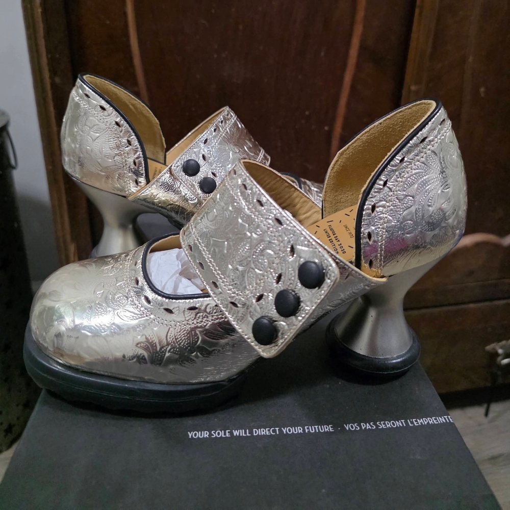 Silver Embossed Mary Jane Heels with Button Strap